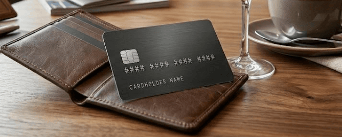 A credit card resting on a wooden table beside a leather wallet.