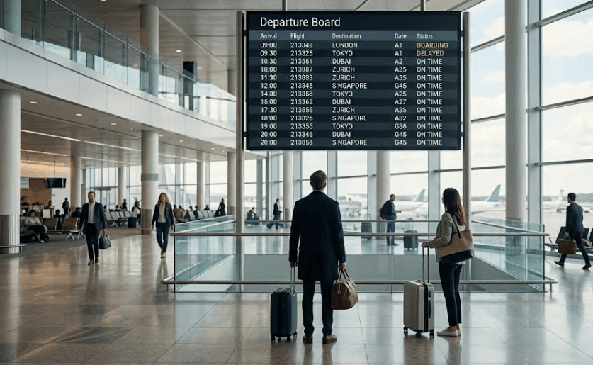 A departure board listing flights at an airport terminal.