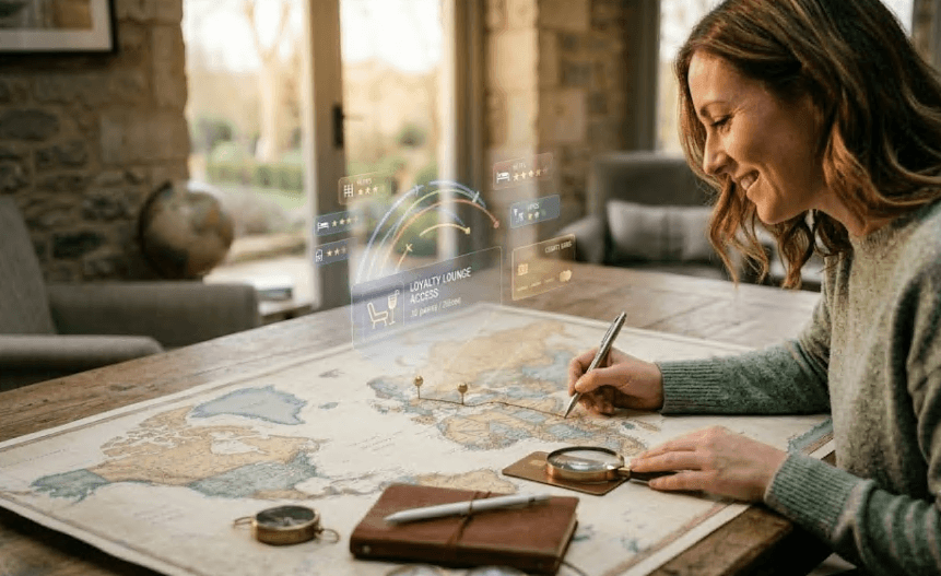 A traveler studying a world map while planning a journey.