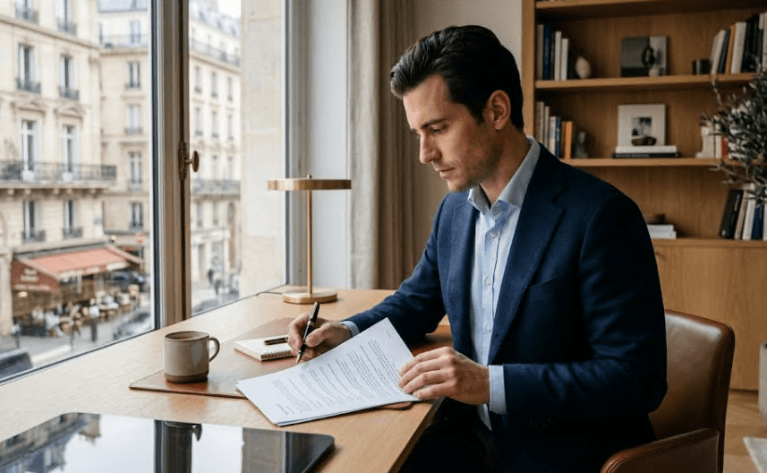 A person reading a printed document at a desk with a pen.