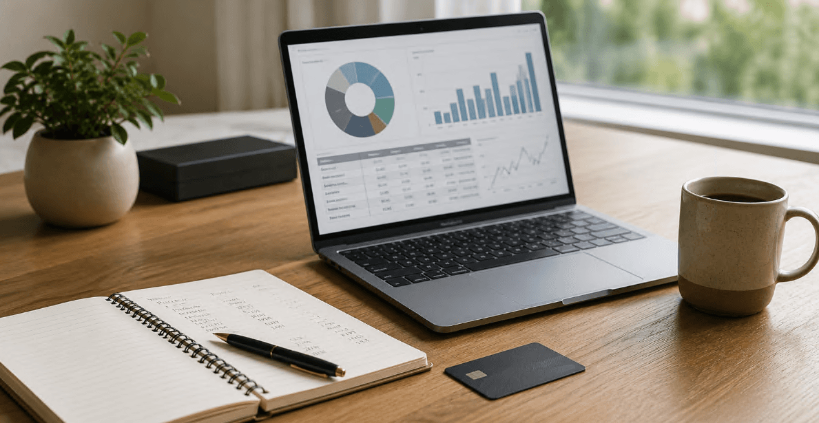 A notebook and laptop used for managing personal finances.