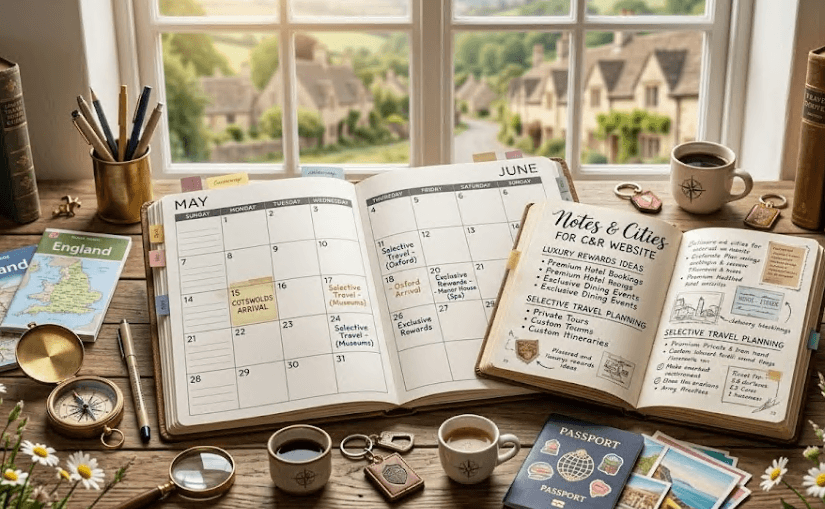 A calendar and travel notes laid out for trip planning.