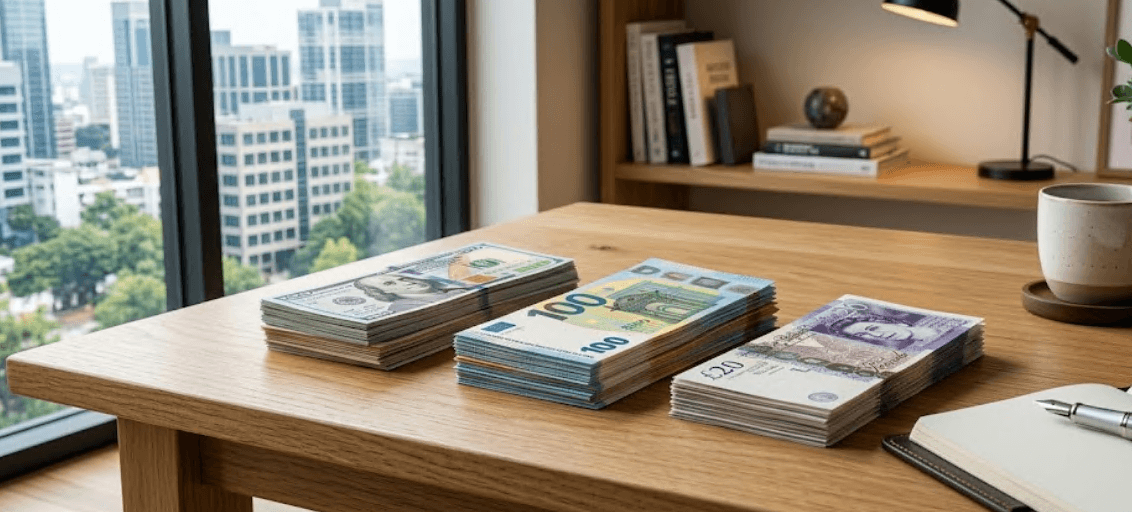 Neatly arranged banknotes representing cash savings.