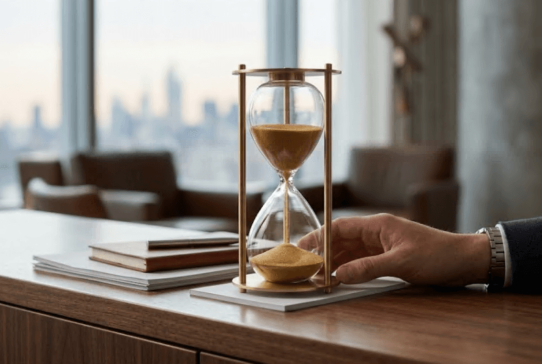 An hourglass with sand running through it.