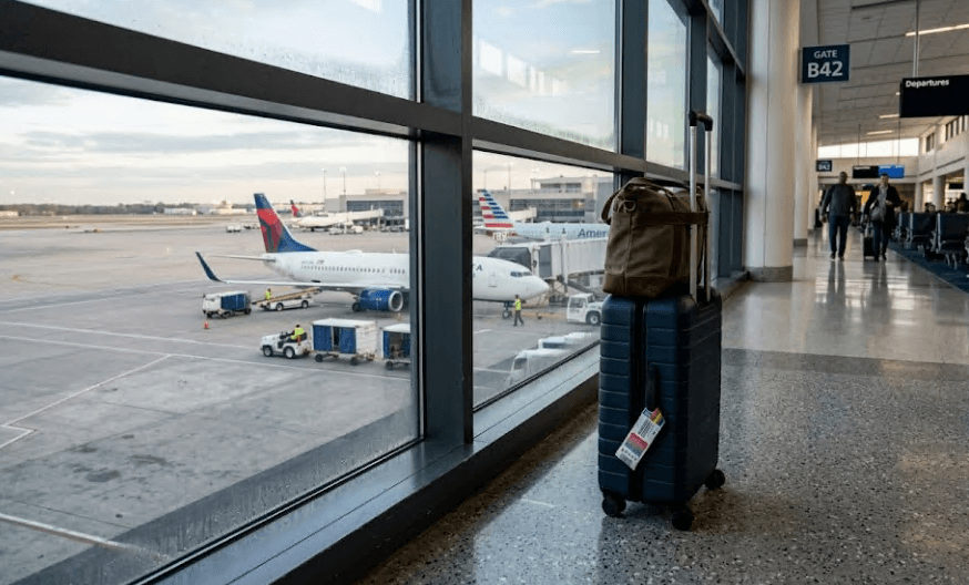Luggage beside a window at an airport terminal.