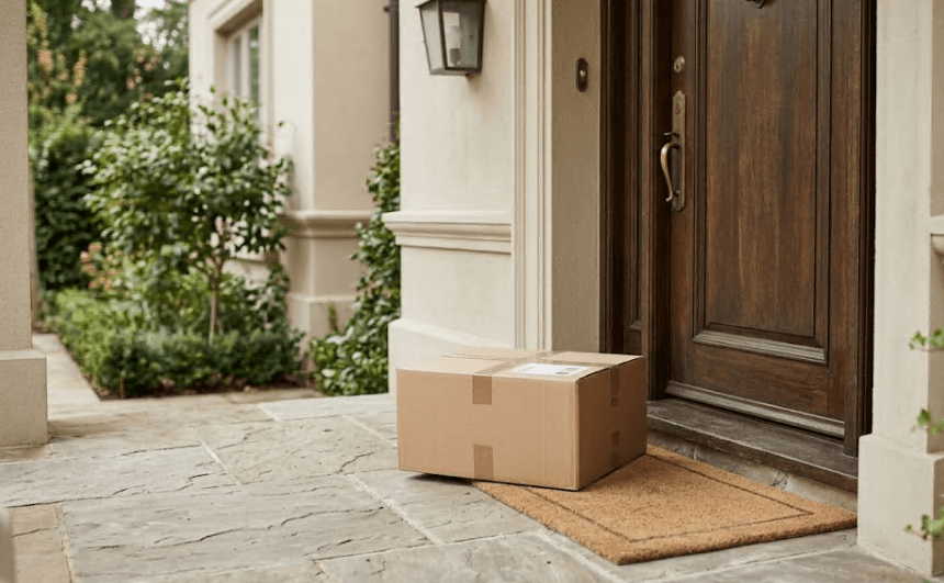 A delivered parcel resting on a doorstep.