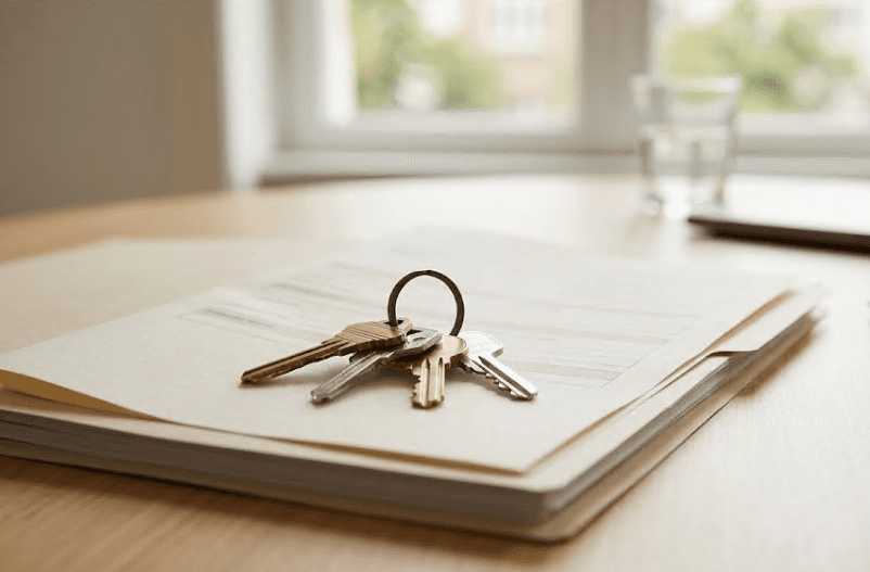 A set of house keys resting on paperwork.