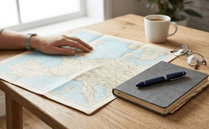 A map, notebook, and pen laid out for trip planning.