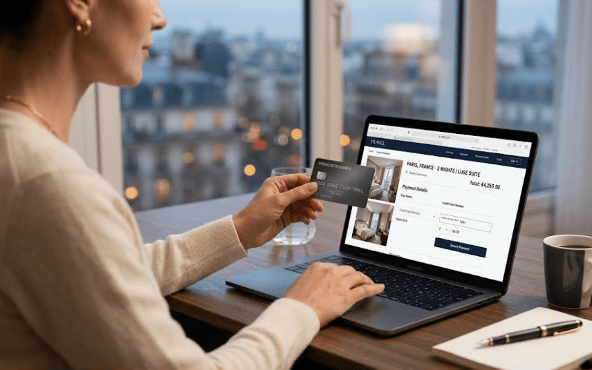 A laptop and card used for an online purchase.
