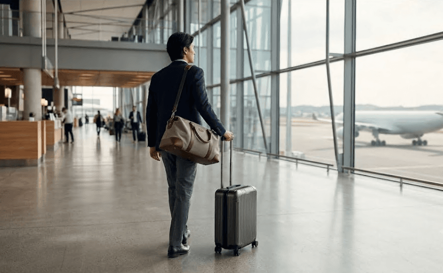 A traveler with a bag walking through an airport.