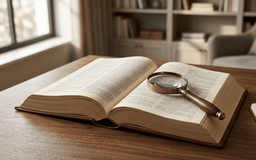 An open dictionary with a magnifying glass.
