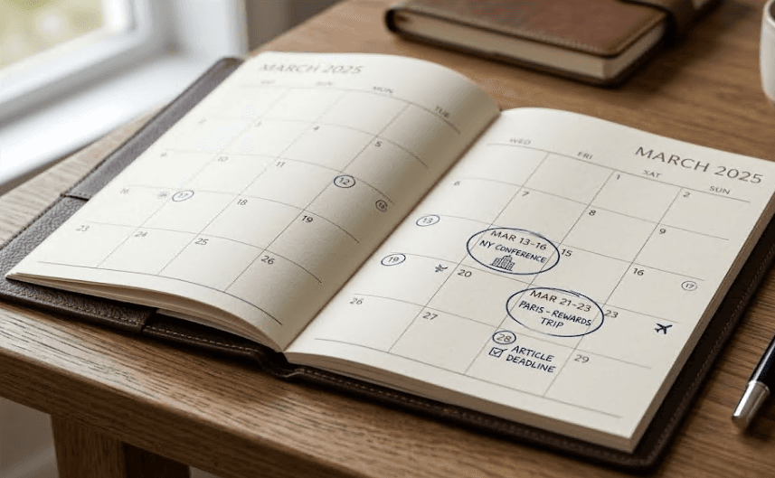 A close-up of a calendar with marked dates.