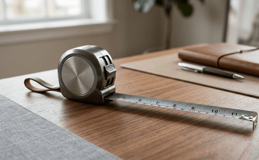 A measuring tape partially extended on a surface.